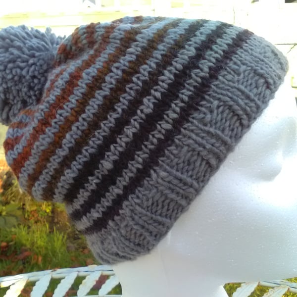 Handknit Noro Stripey Bobble Hat 100% wool Terracotta Grey Medium