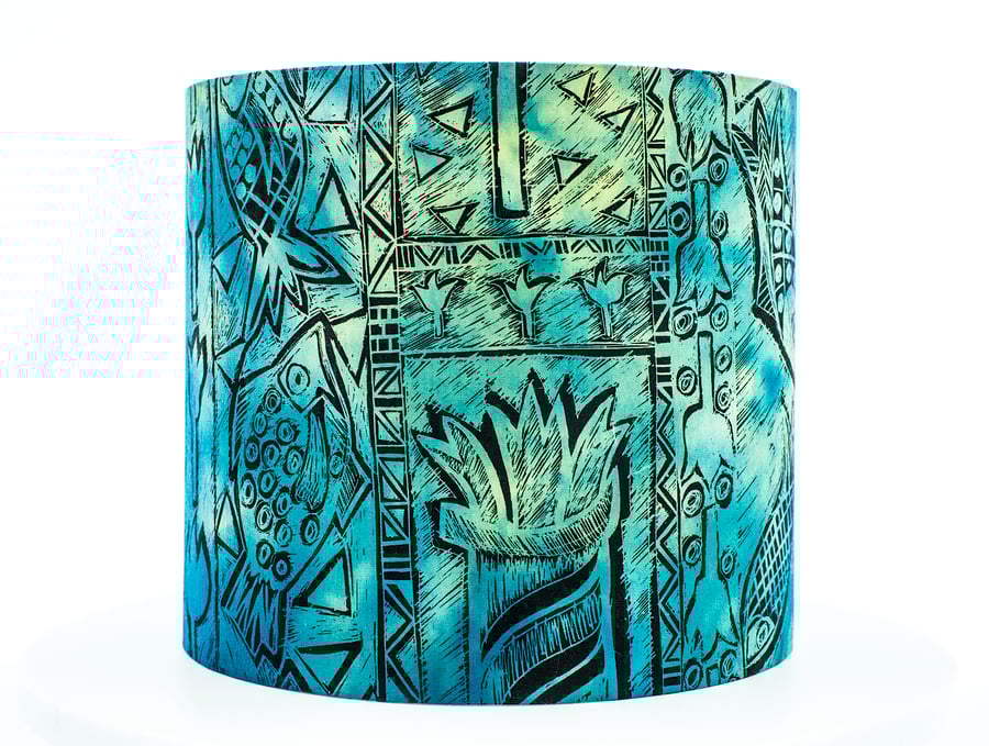 round lampshade Africa African fish birds plant ethnic screen printed hand-dyed 