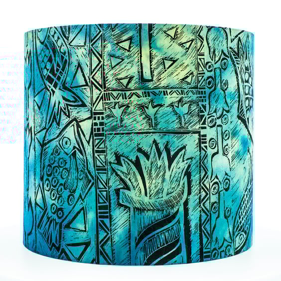 round lampshade Africa African fish birds plant ethnic screen printed hand-dyed 