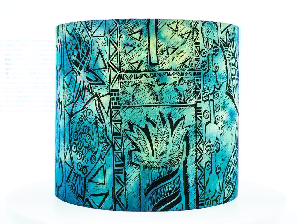 round lampshade Africa African fish birds plant ethnic screen printed hand-dyed 