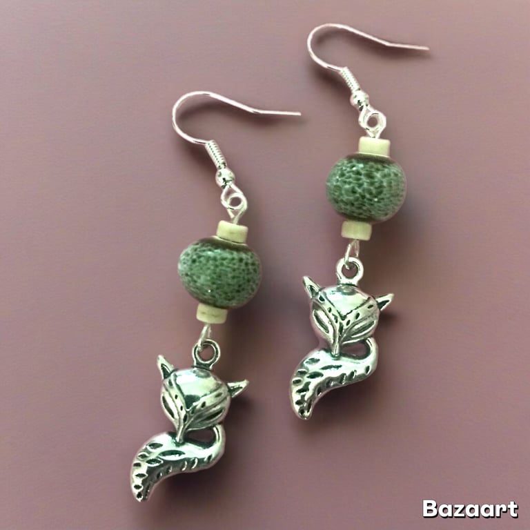 Silver Fox Dangle Earrings, Ceramic Bead & Semi Precious Howlite, Freepost