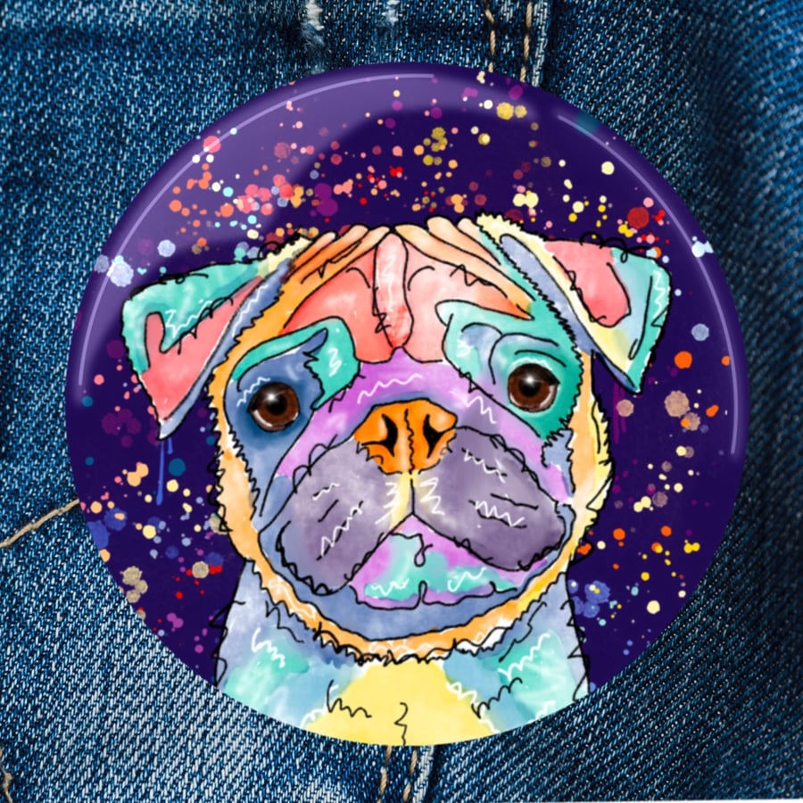 Pug Badge . Magnet . Pocket Mirror . Magnetic Bottle Opener