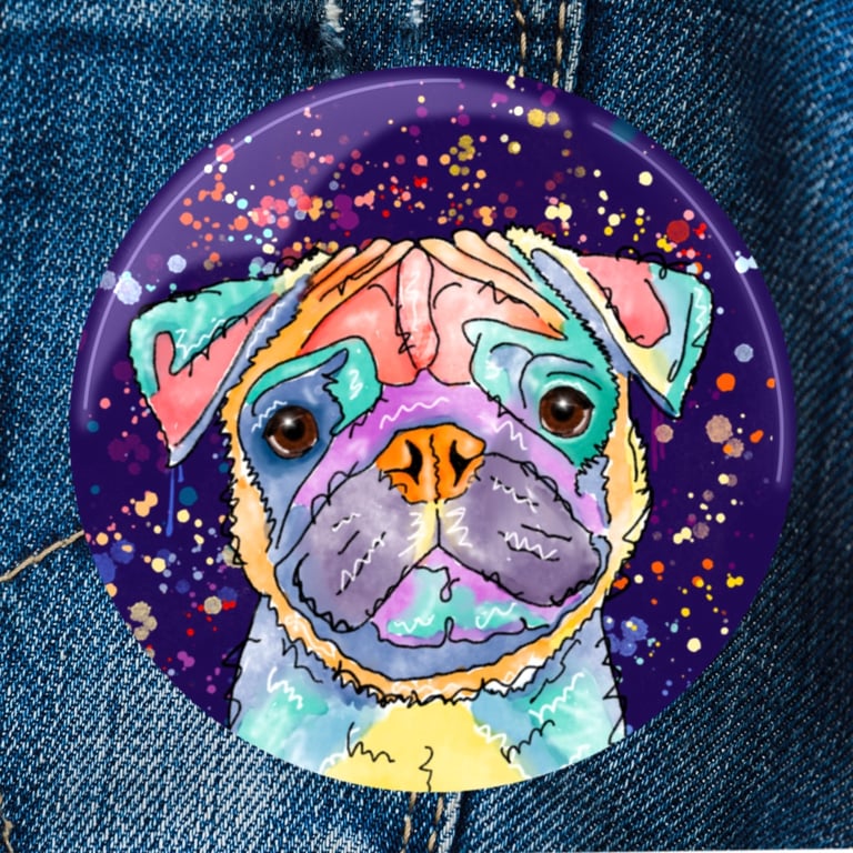 Pug Badge . Magnet . Pocket Mirror . Magnetic Bottle Opener