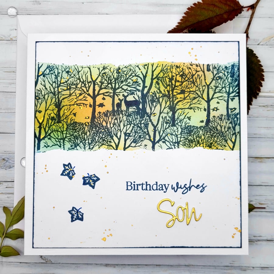 Son Birthday Card - nature, leaves, trees, deer, handcrafted