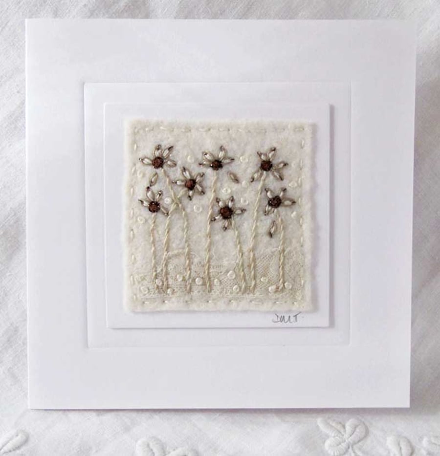 HAND EMBROIDERED GREETINGS CARD WINTER FLOWERS