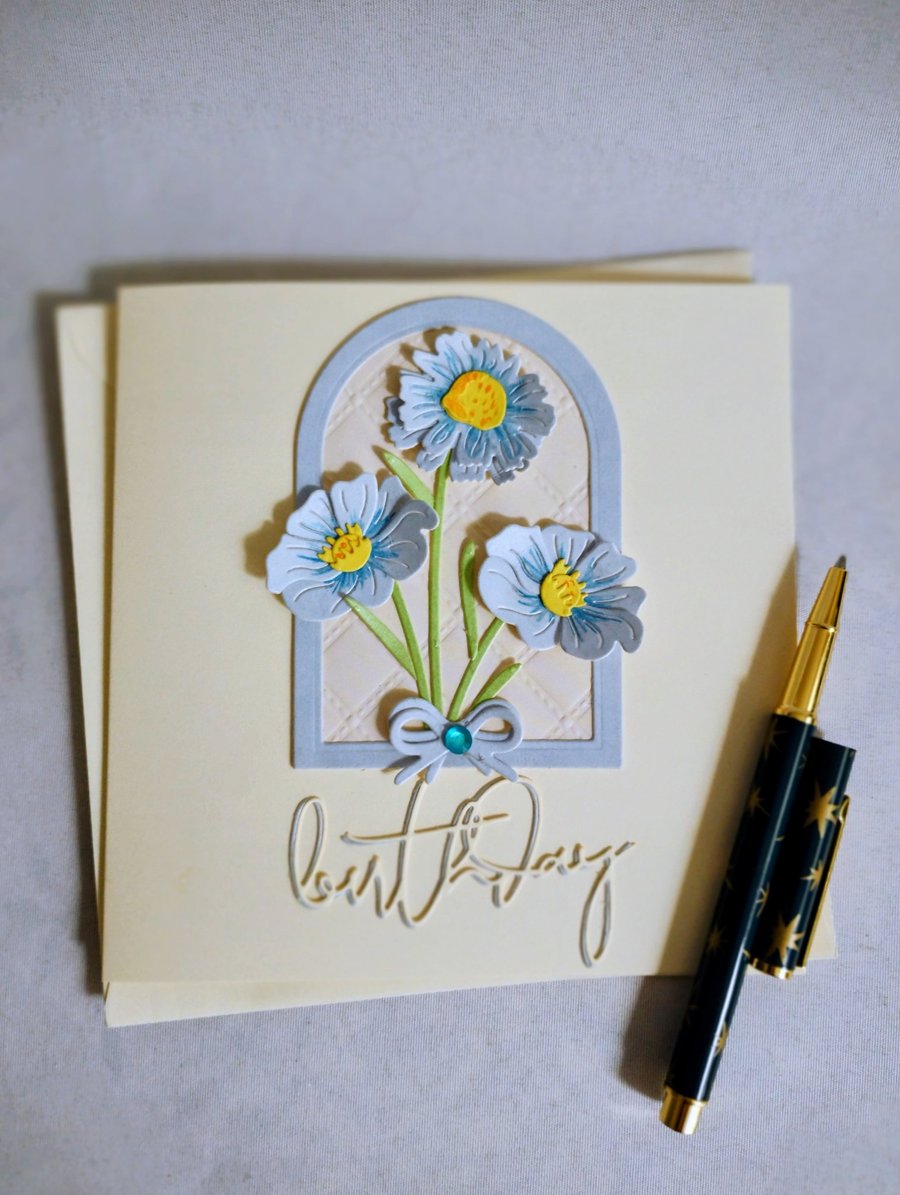 Beautiful Blue Flowers in an Arch - Handmade Birthday Card 