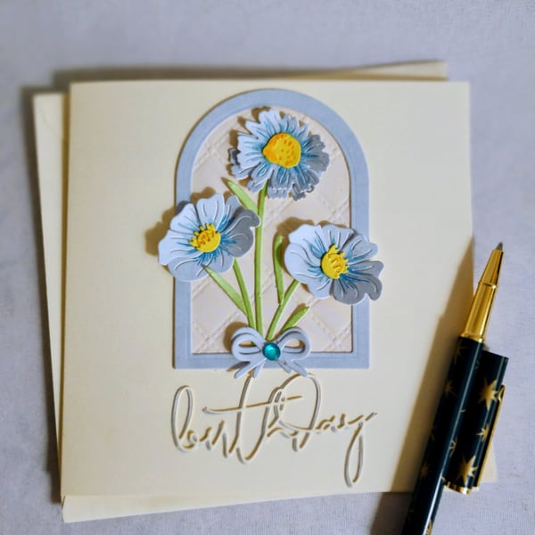 Beautiful Blue Flowers in an Arch - Handmade Birthday Card 