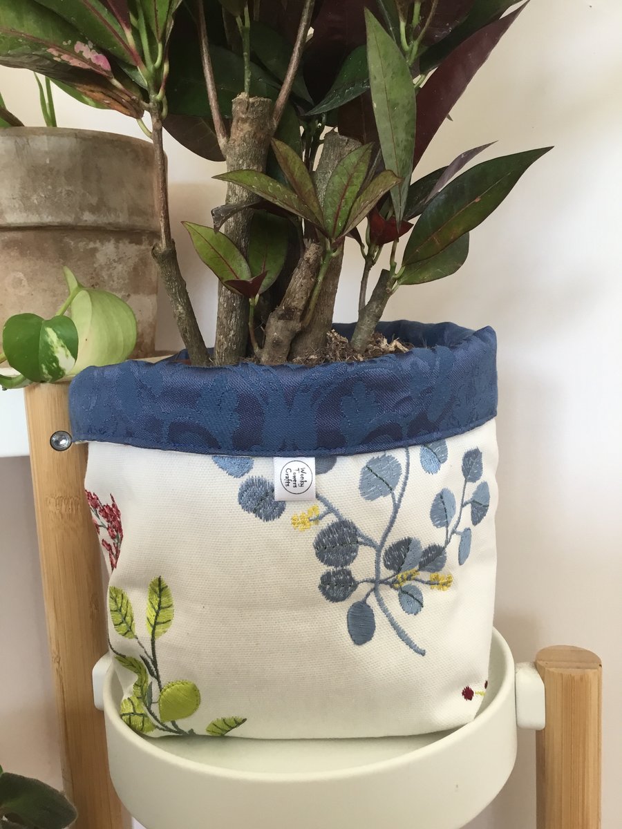 Extra large fabric basket: plant pot, storage. Embroidered fabric, blue lining