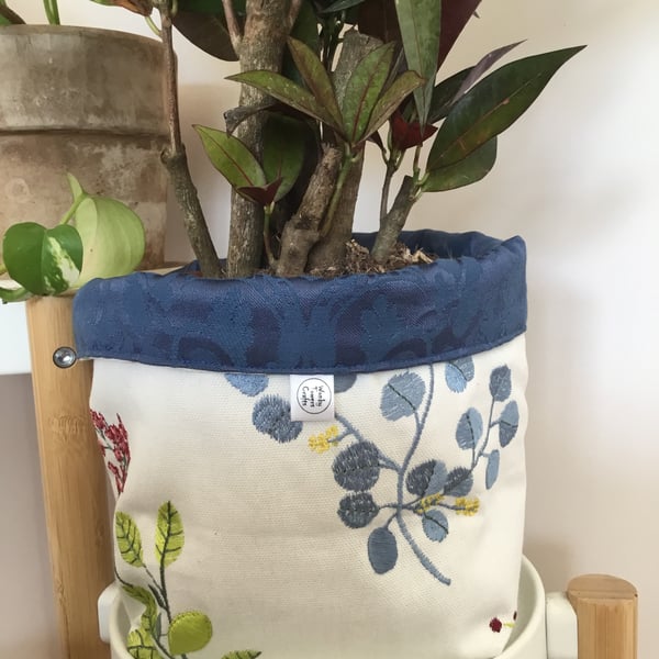 Extra large fabric basket: plant pot, storage. Embroidered fabric, blue lining