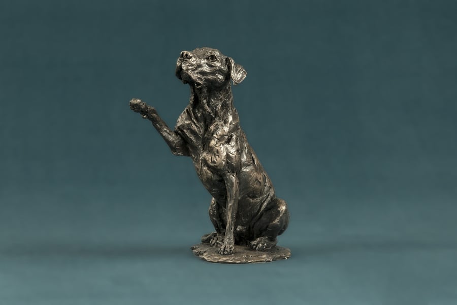 Hope Rescue Dog Waving Paw Animal Statue Small Bronze Resin Sculpture