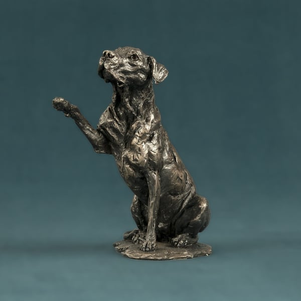 Hope Rescue Dog Waving Paw Animal Statue Small Bronze Resin Sculpture