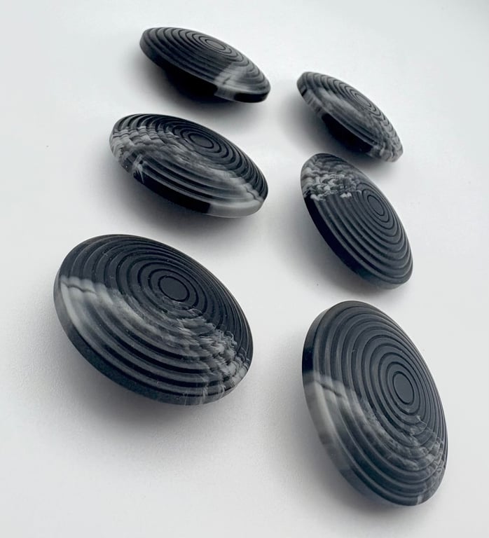 6 Chunky Buttons, Charcoal 38mm, Cone Shaped, Tight Circles Design, Woodgrain