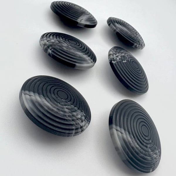 6 Chunky Buttons, Charcoal 38mm, Cone Shaped, Tight Circles Design, Woodgrain