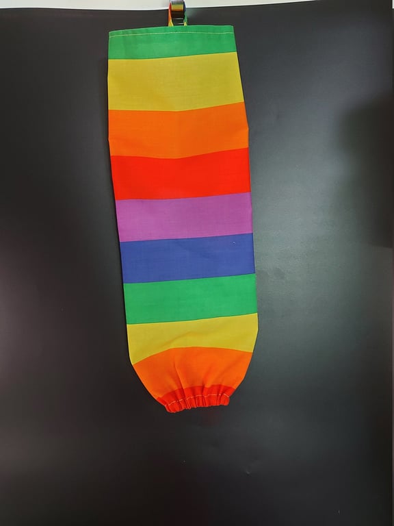 Carrier bag holder Handmade fabric bag tidy Bright rainbow fabric large stripe b