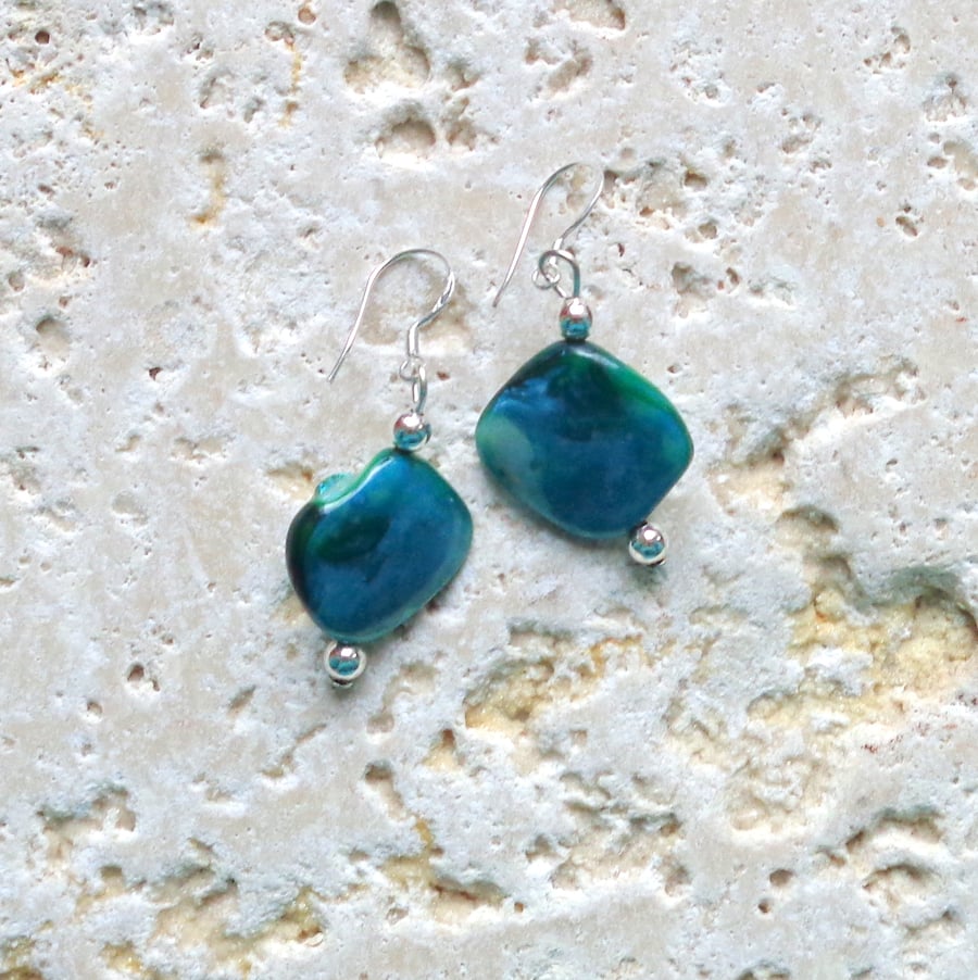 Blue-green real shell earrings