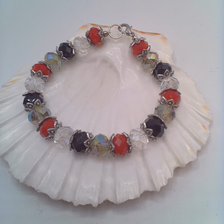 Red Black and Clear Crystal Bracelet with Silver Plated Bead Caps, Gift for Her