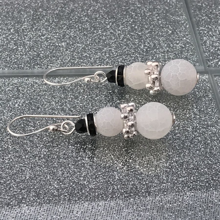 Frosted Agate Snowman Earrings With Silver Scarf