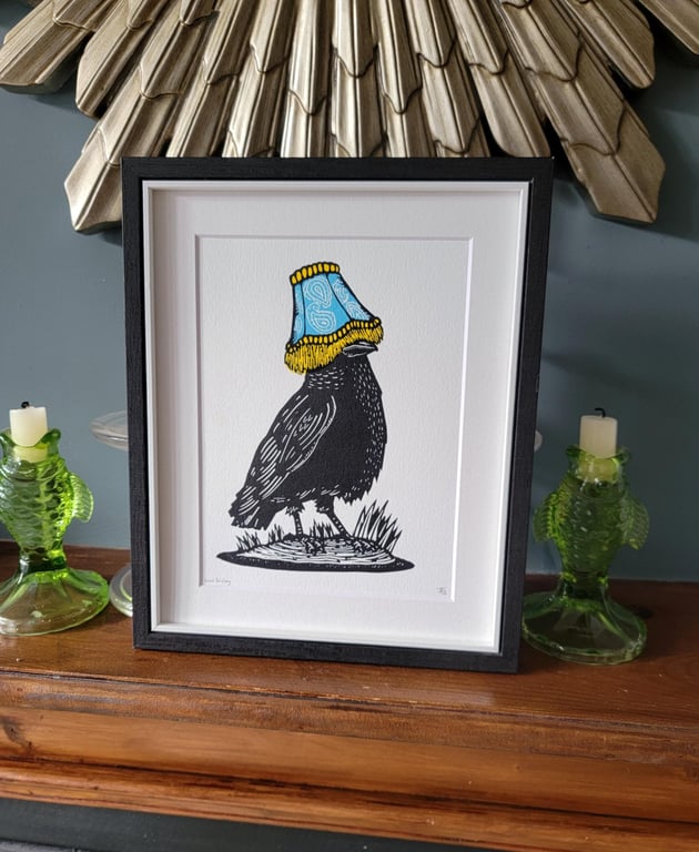 Lord Paisley - crow wearing a lampshade hat - handmade original lino print bird 