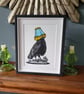 Lord Paisley - crow wearing a lampshade hat - handmade original lino print bird 