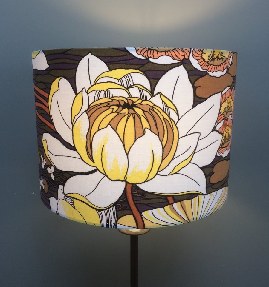 RETRO Yellow and Brown  Water Lily ' ALIDA ' Sanderson  VIntage fabric Lampshade