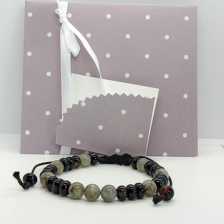 Corded adjustable Black agate with labradorite gemstone bracelet mans gift 