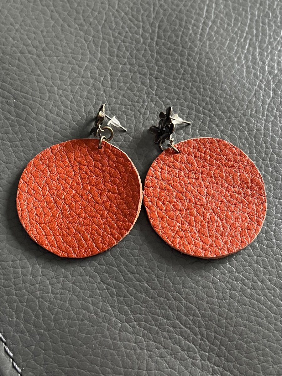 Orange Leather Circle Earrings - Hand Cut Lightweight Leather Earrings 