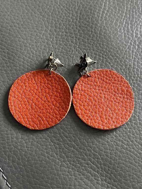 Orange Leather Circle Earrings - Hand Cut Lightweight Leather Earrings 