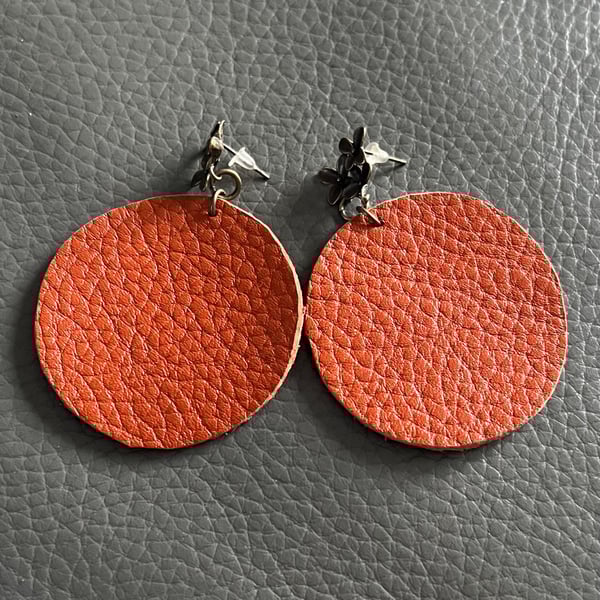 Orange Leather Circle Earrings - Hand Cut Lightweight Leather Earrings 