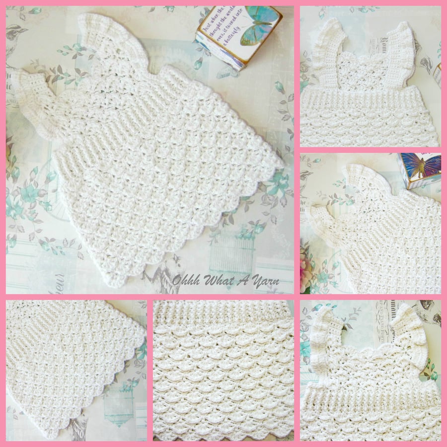 Off white cotton frilly baby pinafore dress. Crochet baby sun dress. 0-3 months