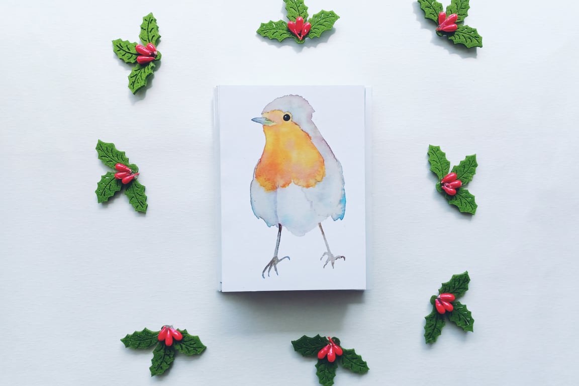 ROBIN WATERCOLOUR CHRISTMAS Card pack, A7 Card, Blank Inside, Mini Cards