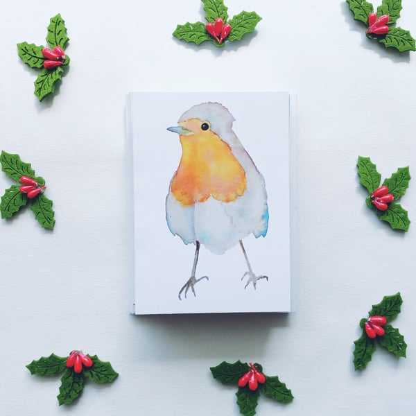 ROBIN WATERCOLOUR CHRISTMAS Card pack, A7 Card, Blank Inside, Mini Cards