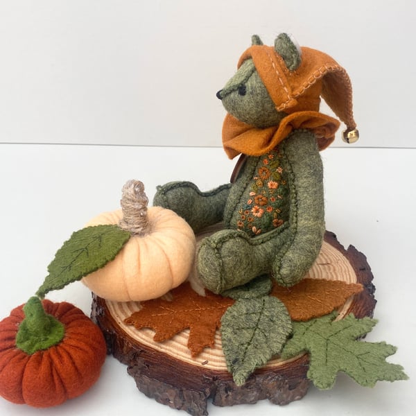 Pumpkin Pete collectable artist bear, woodland Elf themed teddy bear 