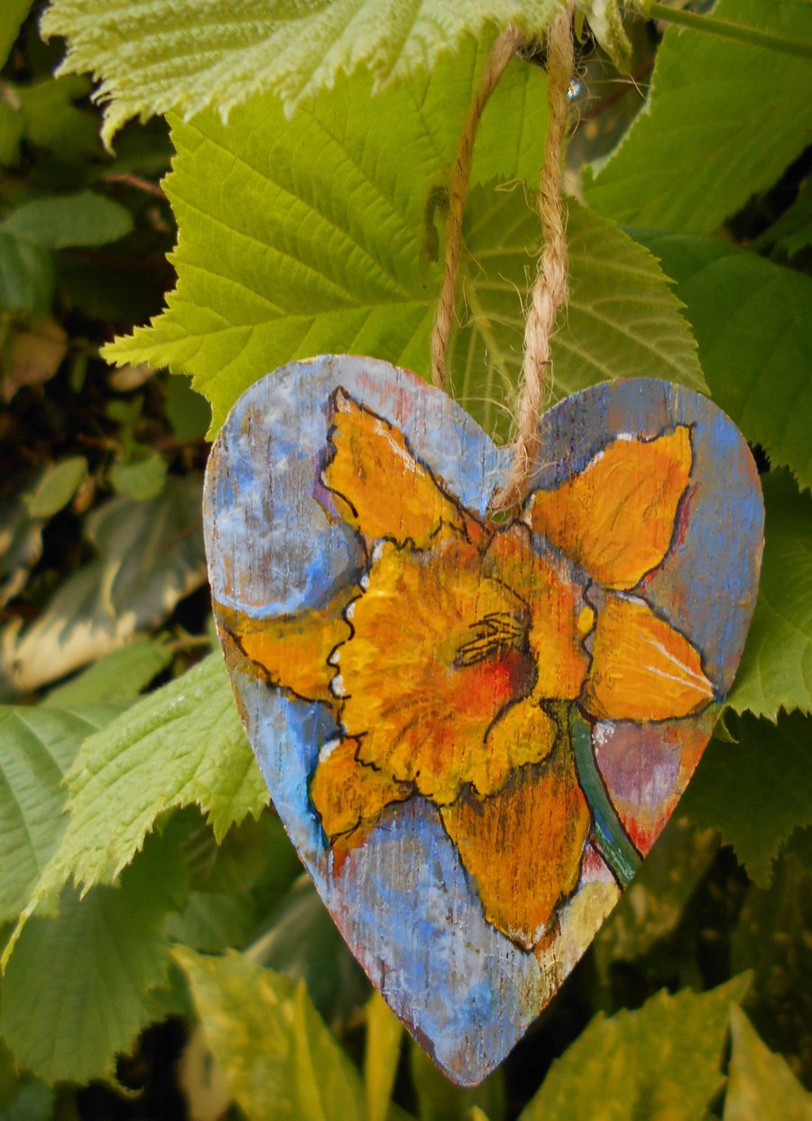 SALE - One of a Kind Hand Painted Daffodil Wooden Heart
