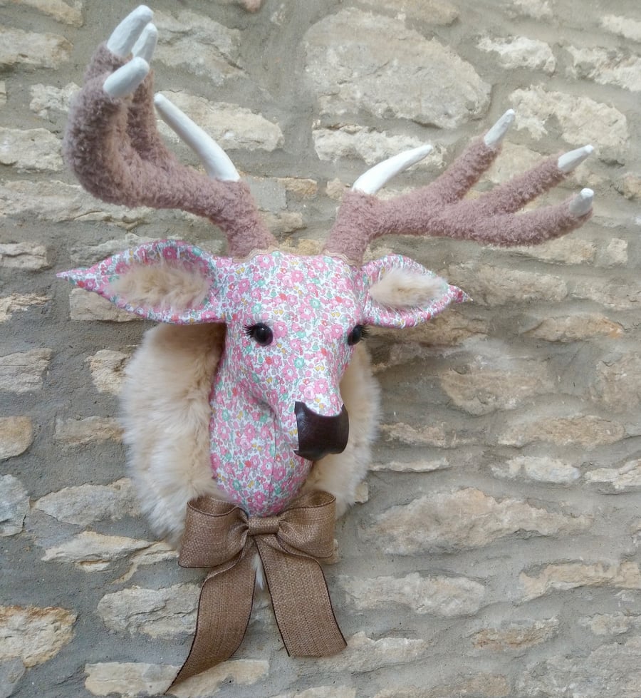 Handmade faux taxidermy stag Liberty floral Betsy Ann pink deer head wall mount