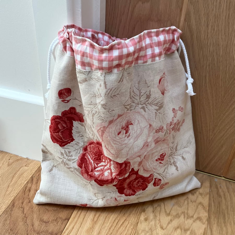 Pink rose print and paisley linen drawstring bag with gingham lining
