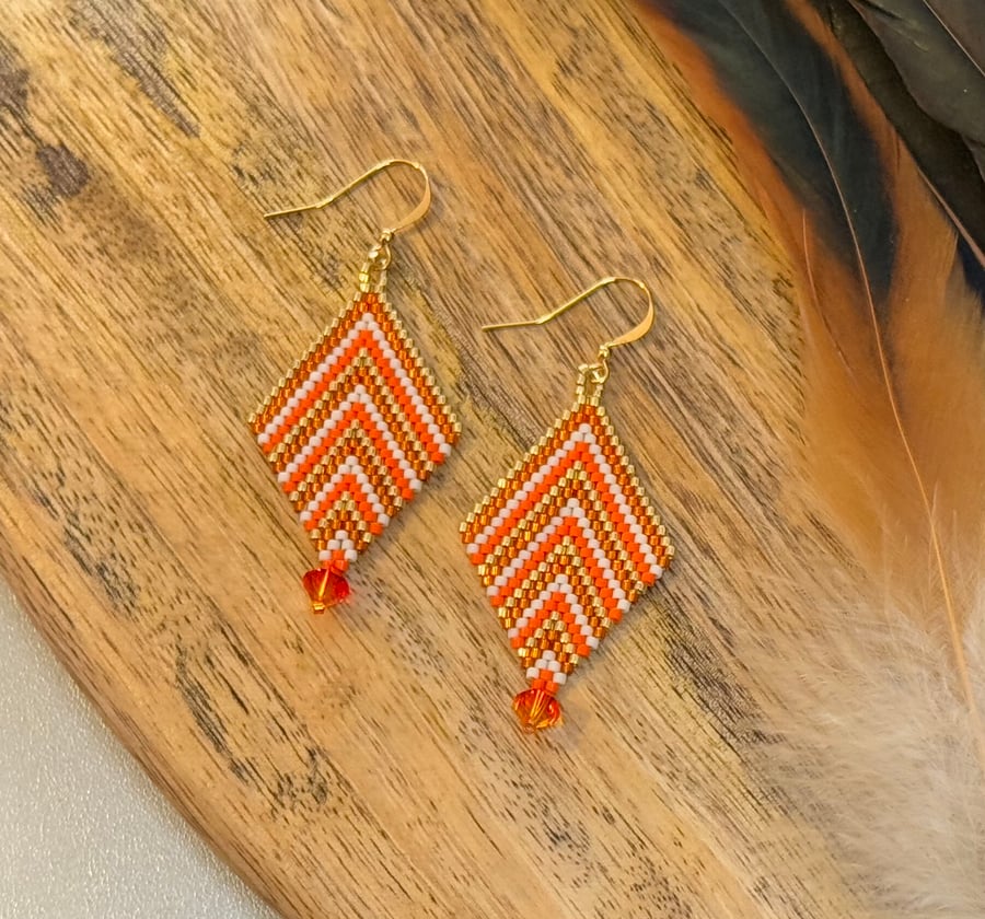 Orange and cream beadwoven earrings with a Swarovski glass drop
