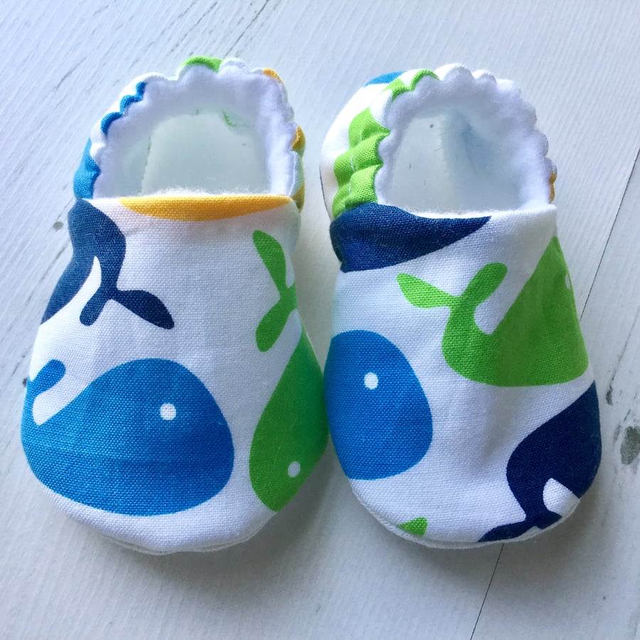 BELLAOSKI Handmade Multi WHALES Slippers Pram Shoes Baby GIFT Size 3-6m