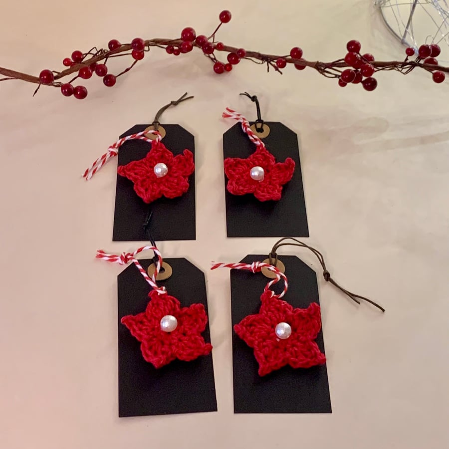 Luxury Christmas gift tags, crochet star doubles as decoration. Set of four 