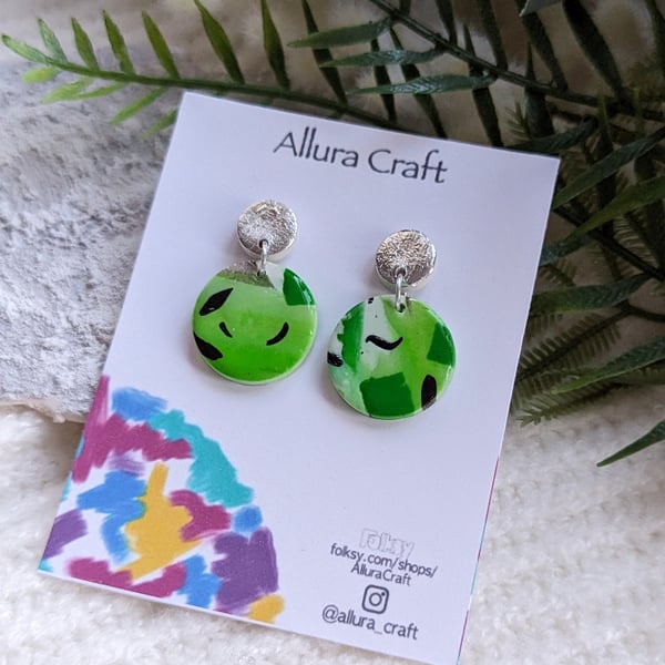 Abstract Green Funk Circle Earrings