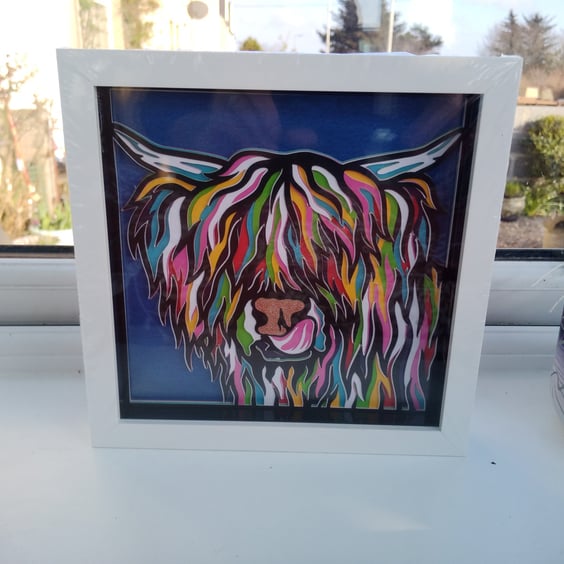  Highland Cow Wall Art, multi coloured Shadow Box, wall hanging