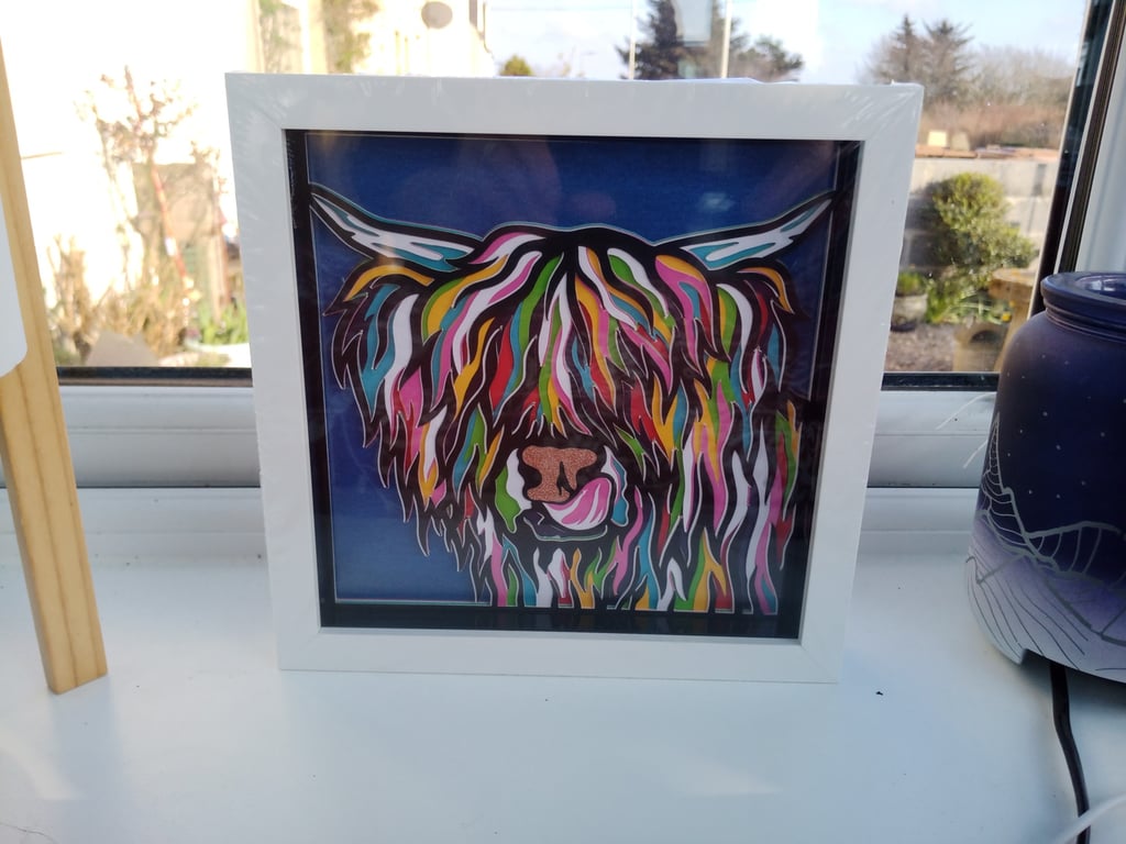  Highland Cow Wall Art, multi coloured Shadow Box, wall hanging