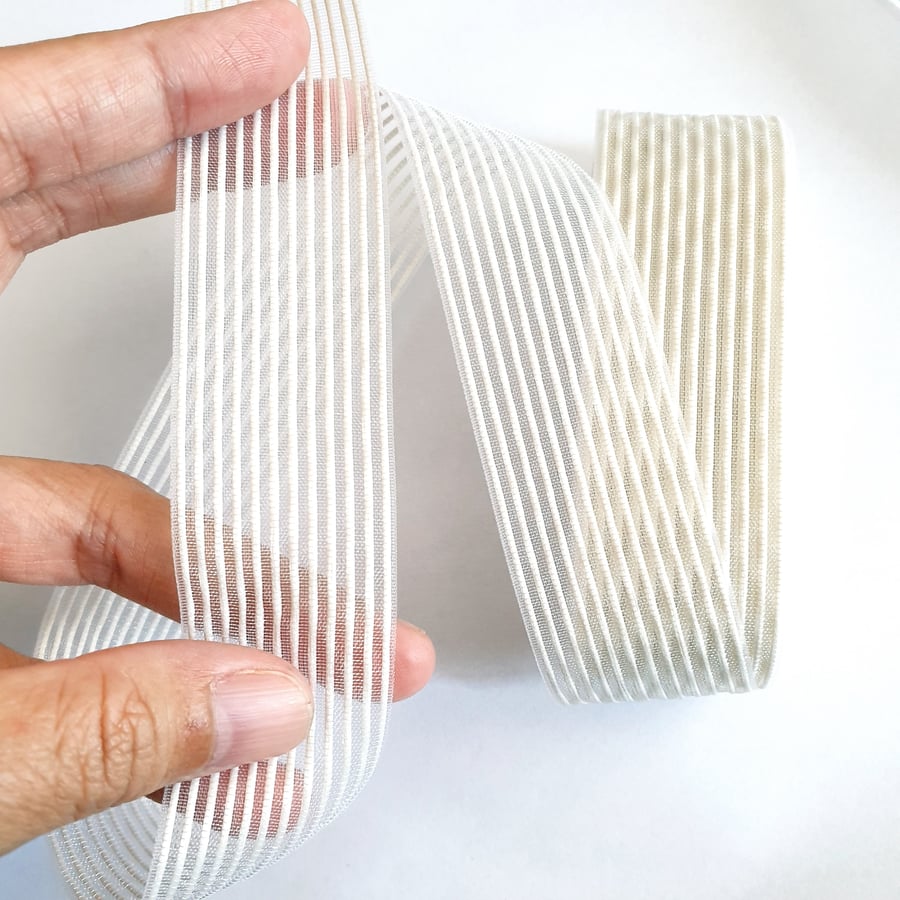 1m White Strip Lines Premium Organza Ribbon 25mm for Bow & Hair Accessories