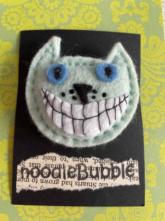 Minty Green Cheshire Cat hand embroidered Unique gift 