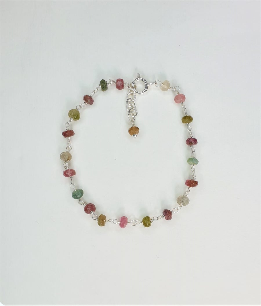 Elegant And Dainty Multicolour Tourmaline Sterling Silver Rosary Linked Bracelet