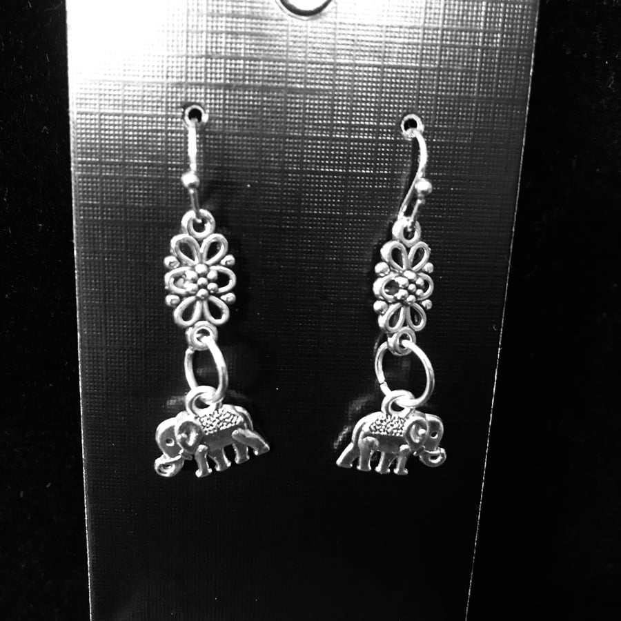 Boho Earrings featuring elephants, Silver Plated