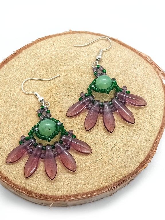 Green and purple dagger bead warrior dangle earrings