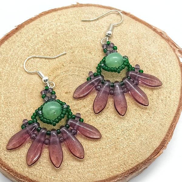 Green and purple dagger bead warrior dangle earrings