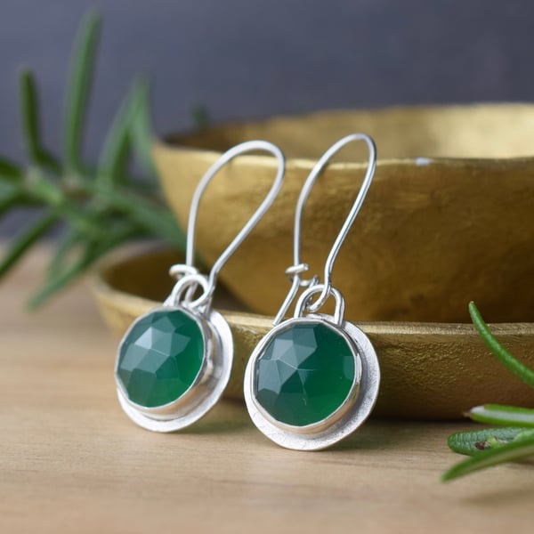 Sterling Silver and Green Onyx Gemstone Dangle Earrings