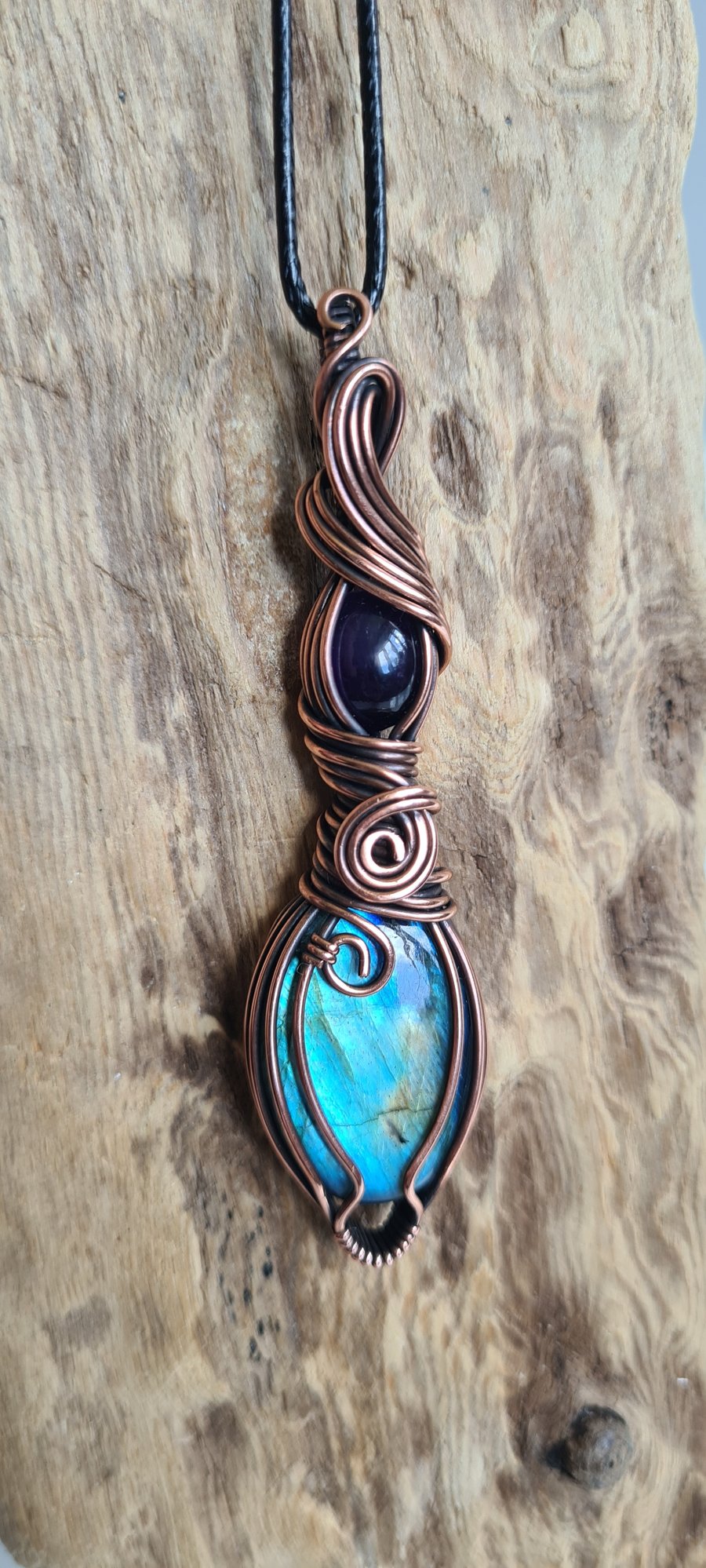 Natural Labradorite & Amethyst Copper Statement Pendant Necklace Gift Crystal