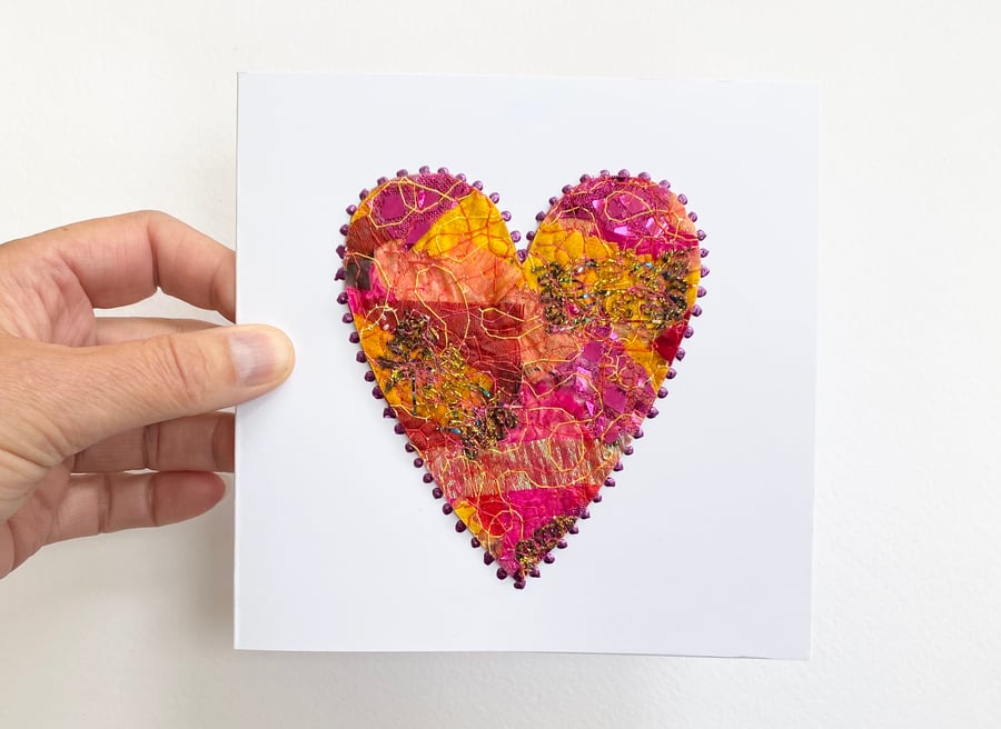 Up-cycled handmade fabric embroidered heart art card. 